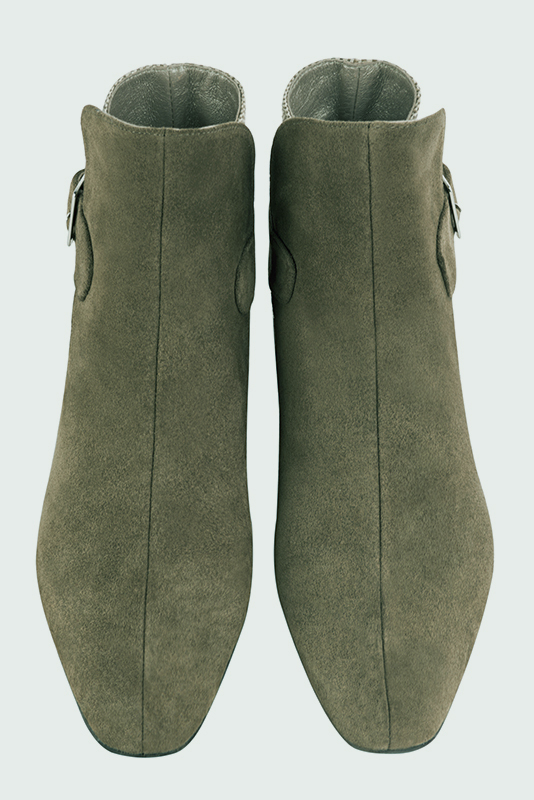 Khaki green women's ankle boots with buckles at the back. Square toe. Medium block heels. Top view - Florence KOOIJMAN